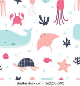 Vector hand-drawn color children's seamless repeating pattern with sea inhabitants in the Scandinavian style on a white background. Marine pattern. Ocean pattern. Cute baby animals. Whale, jellyfish.