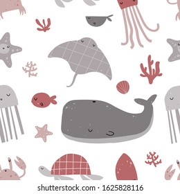 Vector hand-drawn color children's seamless repeating pattern with sea inhabitants in the Scandinavian style on a white background. Marine pattern. Ocean pattern. Cute baby animals. Whale, jellyfish.