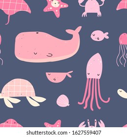 Vector hand-drawn color children's seamless repeating pattern with sea inhabitants in the Scandinavian style on a blue background. Marine pattern. Ocean pattern. Cute baby animals. Underwater. Sea.