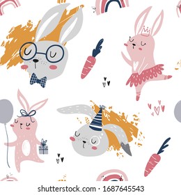 Vector hand-drawn color children's seamless repeating pattern with cute bunnies, carrots and a rainbow in the Scandinavian style on a white background. Cute kids cartoon animals. Scandi animal pattern