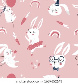 Vector hand-drawn color children's seamless repeating pattern with cute bunnies, carrots and a rainbow in the Scandinavian style on a pink background. Cute kids cartoon animals. Scandi animal pattern