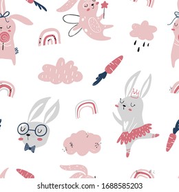 Vector hand-drawn color children's seamless repeating pattern with cute bunnies, carrots and a rainbow in the Scandinavian style on a white background. Cute kids cartoon animals. Scandi animal pattern