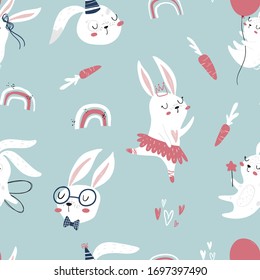 Vector hand-drawn color children's seamless repeating pattern with cute bunnies, carrots and a rainbow in the Scandinavian style on a blue background. Cute kids cartoon animals. Scandi animal pattern
