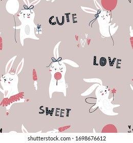 Vector hand-drawn color children's seamless repeating pattern with cute bunnies, carrots and a lettering in the Scandinavian style. Cute kids cartoon animals. Scandi animal pattern
