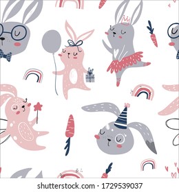 Vector hand-drawn color children's seamless repeating pattern with cute bunnies, carrots and rainbow in Scandinavian style on a white background. Cute kids cartoon animals. Scandi animal pattern.
