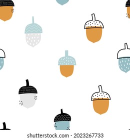 Vector hand-drawn color childrens seamless repeating pattern with cute acorns on a white background. Creative kids forest texture for fabric, wrapping, textile, wallpaper, apparel.