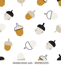 Vector hand-drawn color childrens seamless repeating pattern with cute acorns on a white background. Creative kids forest texture for fabric, wrapping, textile, wallpaper, apparel.