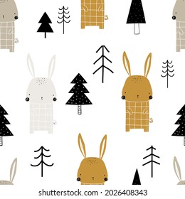 Vector hand-drawn color childrens seamless repeating pattern with cute bunny and christmas trees on a white background. Creative kids forest texture for fabric, wrapping, textile, wallpaper, apparel.
