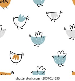 Vector hand-drawn color childrens seamless repeating pattern with cute doodle birds on a white background. Creative trendy kids forest texture for fabric, wrapping, textile, wallpaper, apparel.