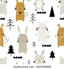 Vector hand-drawn color childrens seamless repeating pattern with cute bear, bunny, fox, raccoon, deer, squirrel, trees. Creative kids forest texture for fabric, wrapping, textile, wallpaper, apparel.