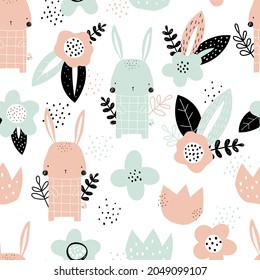 Vector hand-drawn color childrens seamless repeating pattern with cute bunny and flowers on a white background. Creative kids forest texture for fabric, wrapping, textile, wallpaper, apparel.
