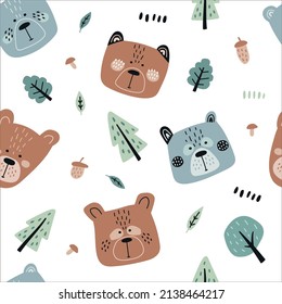 Vector hand-drawn color children's seamless repeating pattern with cute bear faces, trees, leaves in Scandinavian style. Creative children's forest texture for fabric, wallpaper, clothes.