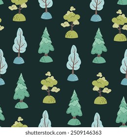 Patrón inconsútil de los niños del color dibujado a mano del Vector con los árboles en estilo plano. Textura del bosque de los niños para la tela, el Fondo de pantalla, la ropa.