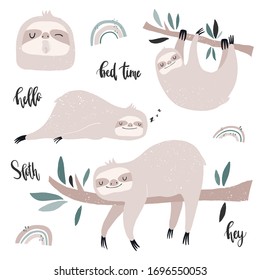 Vector hand-drawn color children`s set with cute sloths, rainbow and lettering in Scandinavian style on a white background. Sleeping sloth on a branch, sloth yawns. Cute baby animals.