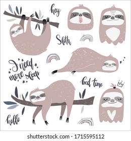 Vector hand-drawn color children`s set with cute sloths, lettering, rainbow in Scandinavian style on a white background. Sleeping sloth on a branch. Cute baby animals. I need more sleep. 
