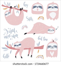 Vector hand-drawn color children`s set with cute sloths, lettering, rainbow in Scandinavian style on a white background. Sleeping sloth on a branch. Cute baby animals. I need more sleep.
