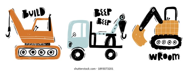 Vector hand-drawn color children's set with illustration, poster, print with a cute trucks and lettering in Scandinavian style on a white background. Building equipment. Funny construction transport.