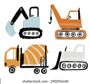 Vector hand-drawn color children's set with illustration, poster, print with a cute trucks and in Scandinavian style on a white background. Building equipment. Funny construction transport.