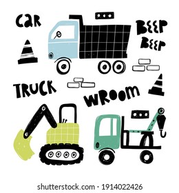 Colores vectoriales a mano conjunto de niños con ilustración, afiche, imprimir con un lindo camión y letras en estilo escandinavo sobre un fondo blanco. Equipo de construcción. Curioso transporte de construcción.