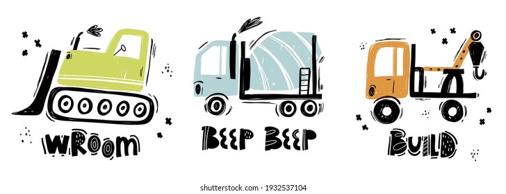 Vector hand-drawn color children's set with illustration, poster, print with a cute trucks and lettering in Scandinavian style on a white background. Building equipment. Funny construction transport.