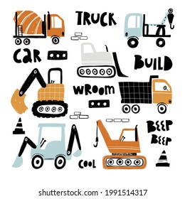 Vector hand-drawn color children's set with illustration, poster, print with a cute trucks and lettering in Scandinavian style on a white background. Building equipment. Funny construction transport.