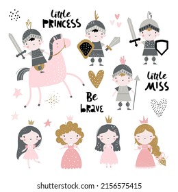 Vector hand-drawn color childrens set with cute princess, knight, horse, hearts, lettering illustration isolated on a white background. Little queen, adorable fantasy character cartoon.