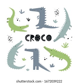 Vector hand-drawn color children's simple flat set with crocodiles in Scandinavian style on a white background. Baby crocodiles on a white background. Cute animals. Reptile. Set of crocodiles.