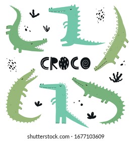 Vector hand-drawn color children's simple flat set with crocodiles in Scandinavian style on a white background. Baby crocodiles on a white background. Cute animals. Reptile. Set of crocodiles.
