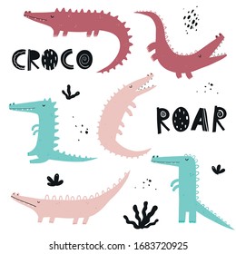 Vector hand-drawn color children's simple flat set with crocodiles in Scandinavian style on a white background. Baby crocodiles on a white background. Cute animals. Reptile. Set of crocodiles.
