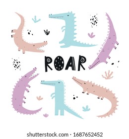 Vektorillustration handgezeichnet Kinderflachset mit Krokodilen im skandinavischen Stil auf weißem Hintergrund. Babykrokodile auf weißem Hintergrund. Geruchte Tiere. Reptil. Satz Krokodile.
