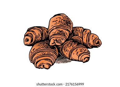Vector hand-drawn color croissants isolated on white background,food illustration