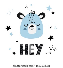 Vector hand-drawn color cute childish illustration, poster, print, greeting card with bear, stars, dots and lettering hey in Scandinavian style on a white background. Cute baby animals.