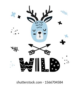 Vector hand-drawn color cute children's illustration, poster, print, card with a cute deer, arrows and the inscription wild in the Scandinavian style on a white background. Cute baby animals.