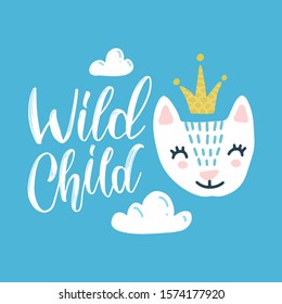 Vector hand-drawn color cute children's illustration, poster, print, card with a cute cat, crown, clouds and the inscription Wild Child in Scandinavian style on a blue background. Cute baby animal