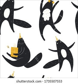 Vector hand-drawn color festive seamless pattern with cute cats on a white background. Dancing cat in star glasses, a cat with a gift in a festive cap. Birthday party print. Cute baby animals. 
