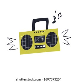 Vector hand-drawn color flat illustration of a tape recorder on a white background. Tape recorder. 