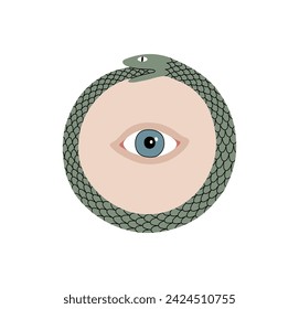 Vector hand-drawn color illustration of The Ouroboros with The All Seeing Eye. Spiritual composition isolated on a white background. 