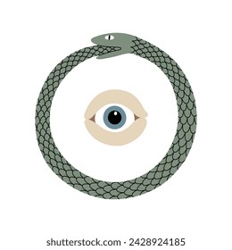 Vector hand-drawn color illustration of The Ouroboros and The All-Seeing Eye. Spiritual composition isolated on a white background. 