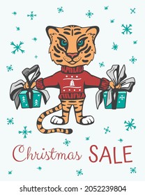 Ilustración de afiche de color dibujado a mano por vectores: Tigre de Año Nuevo con regalos y la inscripción "Venta de Navidad"