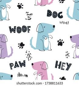 Vector hand-drawn color seamless childish simple pattern with cute dogs and lettering in Scandinavian style on a white background. Children's pattern with dogs. Dogs print. Cute baby animals.