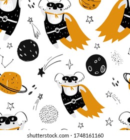 Vector hand-drawn color seamless childish simple pattern with cute koala superhero, planets, stars in Scandinavian style on a white background. Kids pattern with superhero. Cute baby animals. Space.
