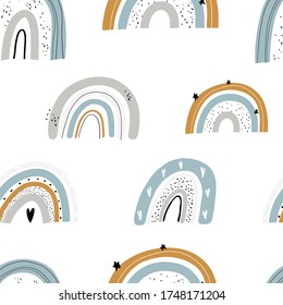 Vector hand-drawn color seamless childish simple pattern for kids with cute rainbows in Scandinavian style on a white background. Baby pattern with rainbows. Fabric design. Wallpaper.
