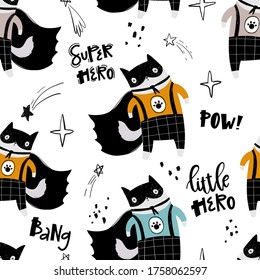 Vector hand-drawn color seamless childish simple pattern with cute cats superheroes in Scandinavian style on a white background. Kids pattern with superhero. Cute baby animals. Costume.
