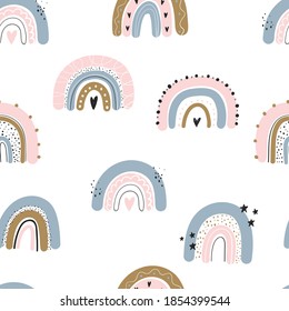 Vector hand-drawn color seamless childish simple pattern for kids with cute rainbows in Scandinavian style on a white background. Baby pattern with rainbows. Fabric design. Wallpaper.