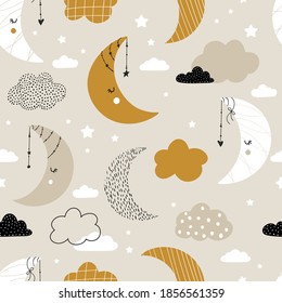 Vector Hand-drawn Color Seamless Childish Simple Pattern For Kids With Cute Moons And Clouds In Scandinavian Style. Baby Pattern With Night Sky. Fabric Design. Wallpaper. Kids Room Design.