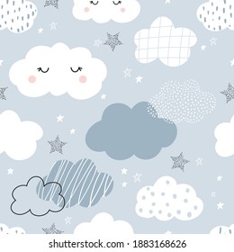 Vector Hand-drawn Color Seamless Childish Simple Pattern For Kids With Cute Clouds And Stars In Scandinavian Style On A Blue Background. Baby Pattern With Clouds. Fabric Design. Wallpaper.