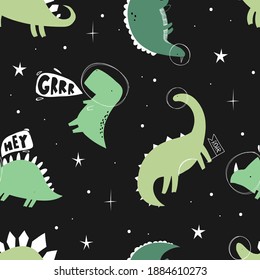 Vector hand-drawn color seamless childish simple pattern for kids with cute dinosaurs astronauts in Scandinavian style. Fabric design. Wallpaper. Space dinosaurs. Lizard.