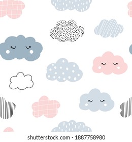 Vector hand-drawn color seamless childish simple pattern for kids with cute clouds in Scandinavian style on a white background. Baby pattern with clouds. Fabric design. Wallpaper.

