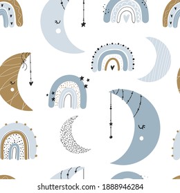 Vector hand-drawn color seamless childish simple pattern for kids with cute rainbows and moons in Scandinavian style on a blue background. Baby pattern with night sky. Fabric design. Wallpaper.
