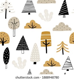 Vector hand-drawn color seamless childish simple pattern for kids with cute doodle trees in Scandinavian style on a white background. Baby pattern forest. Fabric design. Wallpaper.